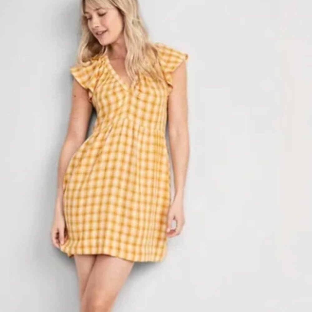 Old Navy yellow plaid flutter sleeve mini swing dress NWT